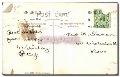 Flores e desejos de aniversário — Brighton Post Card, série 2253, impressa na Saxônia — Verso