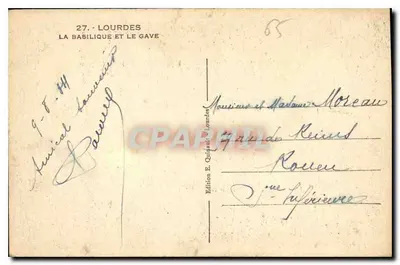 Lourdes — Widok na bazylikę i rzekę Gave — Wydawnictwo E. Quinault Lourdes — Rewers