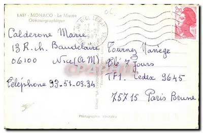 Mônaco - O Museu Oceanoográfico — Edição La Cisogne, n° 1.437 — Verso