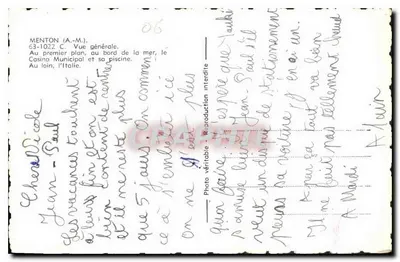Menton (A.-M.) — Ogólny widok. Na pierwszym planie, przy brzegu morza, Kasyno Miejskie i jego basen. W oddali, Włochy. — Rewers