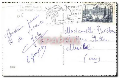 La Costa Azul — Juan-les-Pins — playa — Editor Rella, n°2399 — Reverso