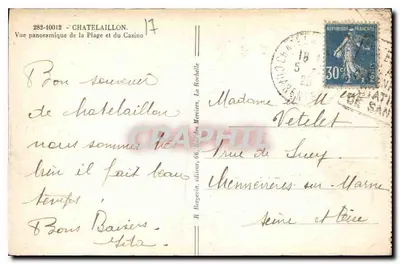 Châtelaillyon — Vista panorâmica da praia e do cassino — R. Bergégin, editor — Verso