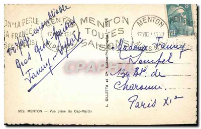 Menton — Widok z Cap-Martin — L. Gilletta i Cie, wydawca — Rewers