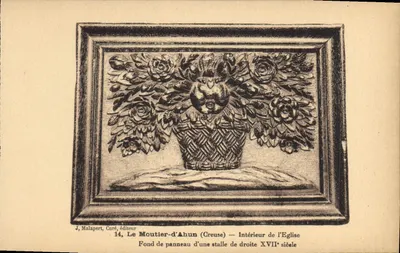 Le Moutier-d'Ahun (Creuse) — Interior da igreja — Fundo de painel de uma cadeira do século XVII — J. Malapert, Curé, editor