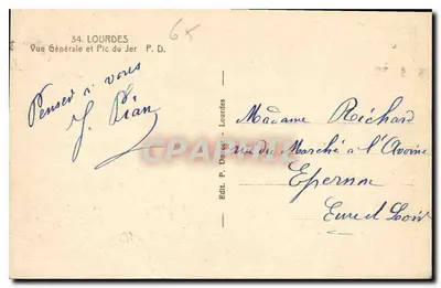 Lourdes — Ogólny widok i szczyt Jer — Wydawca P. Doucet, nr 34 — Rewers