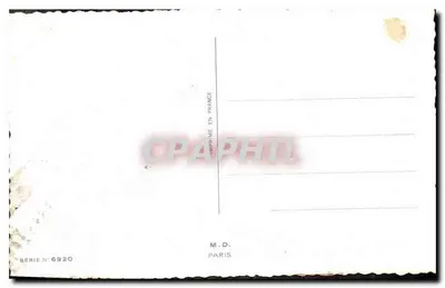 Niño y perro en un carrito de Navidad — pueblo nevado — M.D. París, serie 6920 — Reverso