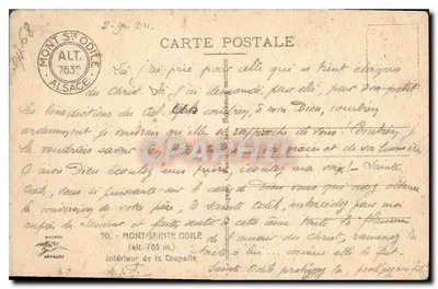 Interior da capela — Mont Sainte-Odile — editor Marneuf, n° 50 — Verso