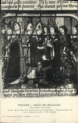 Troyes — Katedra św. Małgorzaty — Witraż kaplicy św. Ludwika (koronacja św. Ludwika w 1226 r.) — J.S.T.