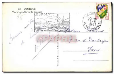 Lourdes — Ogólny widok na bazylikę — Wydawnictwo P. Doucet, n°32 — Rewers