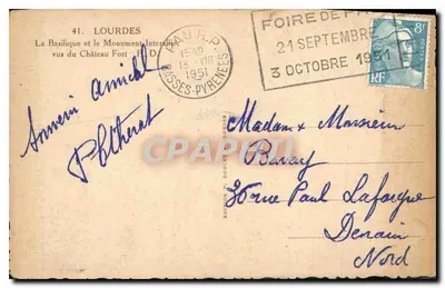 Lourdes — La Basílica y el Monumento Interno vistos desde el Castillo Fuerte — Ediciones Doucet, n°41 — Reverso