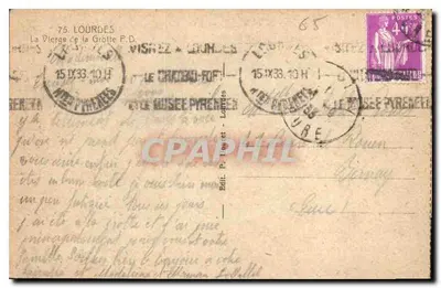 Nasza Panienka z Groty — Lourdes — Wydawca P. Duryet, nr 75 — Rewers