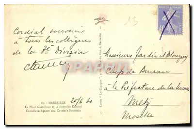 Stara pocztówka Marseille — Plac Castellane i Fontanna Cantini — Rewers