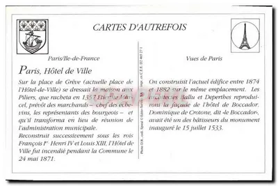 Paris — Hotel de Ville — Cartes d'autrefois, Vues de Paris, n° 465 271 — Verso