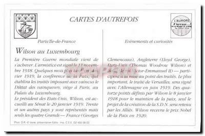 Chegada do Presidente Wilson ao Luxemburgo — Banquete oferecido ao Presidente Wilson no Luxemburgo, em 20-1-1919 — Editor L'Aurore, série D2 465 08 03 — Verso