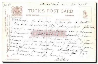 Um riacho da floresta, Devon — pintura de Orletty — editor Tuck's Post Card — Verso