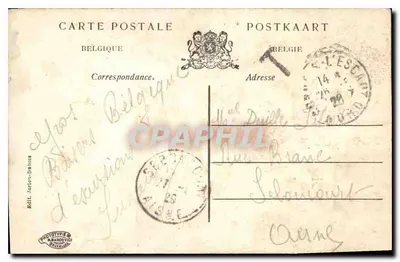 Dwie dziewczynki w modlitwie — przed krzyżem z napisami Foi, Esperance, Charité — wydawca Jardin-Dabois, numer serii nieczytelny — Rewers