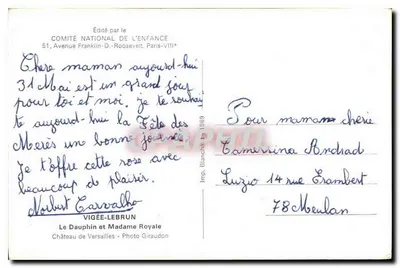 Dois crianças em traje da época — Castelo de Versalhes — Editado pelo COMITÉ NATIONAL DE L'ENFANCE — Verso