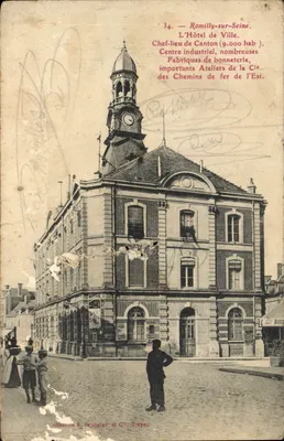 Bilhete postal antigo Romilly-sur-Seine — O Hotel de Ville — Chef-lieu de Canton