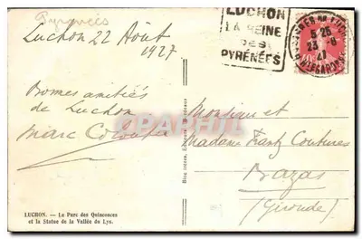 Luchon — Park Quinconces i Statua Wzgórza Lys — Wydawca: Bloc Ictes, Wydawnictwo Bordeaux — Rewers
