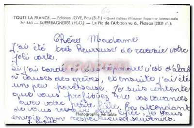 O Pic de l'Arbizon visto do Plateau — Superbagnères — Edições JOVÉ, Pau — Verso