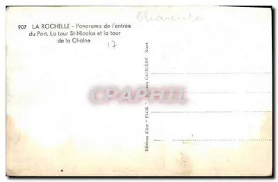 La Rochelle — panorama wejścia do portu, wieża Świętego Nikodema i wieża Łańcuchowa — Wydawnictwo Art Flor — Rewers