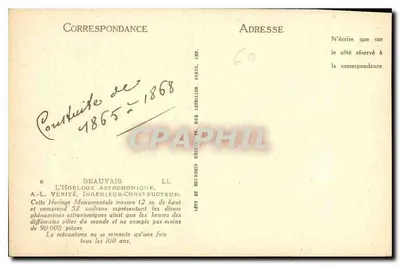 Relógio Astronômico — Beauvais — A.-L. Vérité, Engenheiro-Construtor — Verso