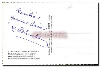 Cognac — Um Canto Típico do Velho Cognac, restos do Castelo de Francisco I, as Velhas Torres e Sinagoga de São Léger — Edições Charentais de Arte, A. GILBERT — Verso