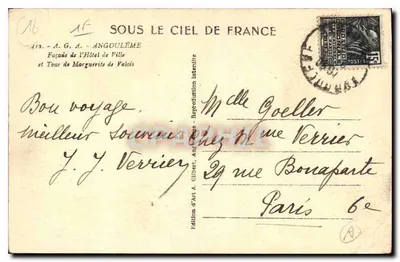 Angoulême — Fachada do Hotel de Ville e Torre de Margueritte de Valois — Edição de Arte A. Gilbet — Verso