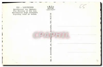 Lourdes — Bênção dos doentes — Ed. P. Doucet, Pl. Peyramale, Lourdes — Verso