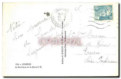 Bazylika i rzeka Gave w Lourdes — Wydawnictwo P. DOUCET, nr 104 — Rewers