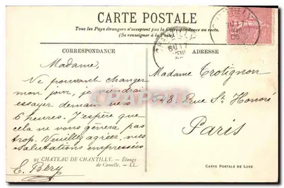 Château de Chantilly — Étangs de Comelle — Luxury Postcard — Back