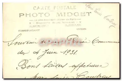 Menina em vestido branco e véu — Primeira Comunhão — Foto Midget, Paris — Verso