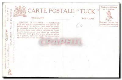 Castello di Chantilly — Galleria delle Battaglie — Editore Tuck & Fils, Serie 148 N°5 — Verso