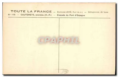 Wodospad Pont d'Espagne — Cauterets, okolice — Wydawnictwo Jové, Pau (B.P.) — Nr 115 — Rewers