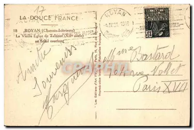 Stara cerkiew w Talmont — zachodzące słońce — Les Éditions d'Art YVON, Paryż — Rewers