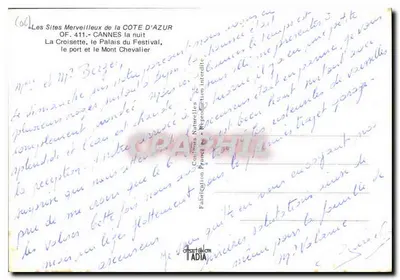 Cannes — A Croisette, o Palácio do Festival, o porto e o Mont Chevalier — OF. 411 — Fabricação Francesa — Verso