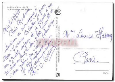 Nice — widok Promenady Anglijskiej — wydawca MAR, nr 13496 — Rewers