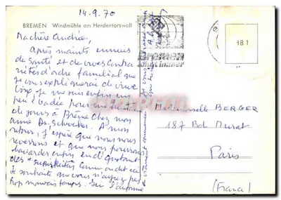 Bremen - Windmühle am Herdentorswall — editor não indicado, número de série não visível — Verso