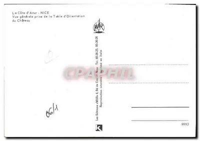 Vue générale de la Côte d'Azur - NICE — prise de la Table d'Orientaion du Château — Éditions MAR — Verso