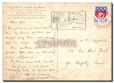 Vista de Menton — Los jardines floridos de la villa Maria Sérèna — Ediciones Jean-Jaurès — Reverso