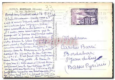Wieża Pey-Berland — Bordeaux — wydawca La Cigogne, nr 33.999.73 — Rewers