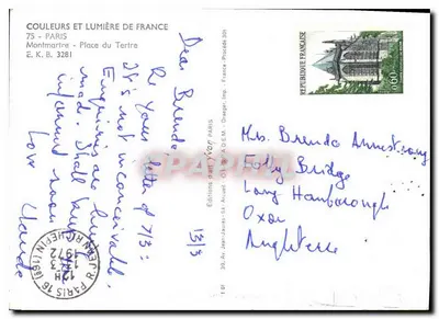 Nowoczesna pocztówka Kolor i światło Francji Paryż Montmartre Plac Tertre — Rewers