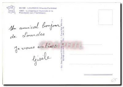 Lourdes — Widok na oświęcionej bazylice i procesję z latarniami — wyd. Gérard POUBLANC — Rewers
