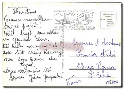 Reith im Alpbachtal — vista panorâmica e cortejo de músicos — editor não identificado — Verso