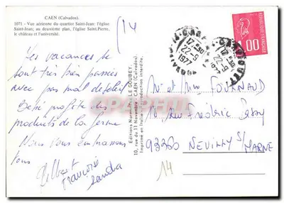 Caen (Calvados) — Widok z powietrza dzielnicy Saint-Jean: kościoł św. Piotra, zamek i uniwersytet — Wydawnictwo Normandzkie LE GOUBEY — Rewers