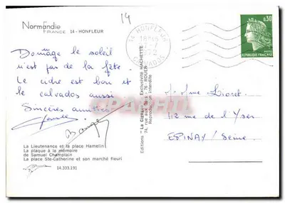 Honfleur — Placca commemorativa di Samuel de Champlain — Edizioni 'La Gisogne' — Verso