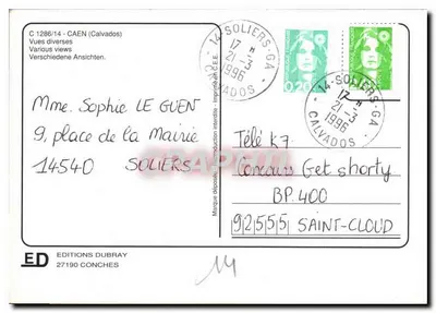 Caen — vista aérea, igreja, castelo, cavalo de corrida — Éditions Dubray, n° C 1286/14 — Verso