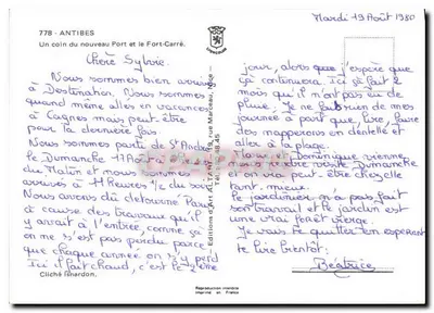 Antibes — Um canto do novo Porto e o Forte Carré — Éditions d'Art Altar 778 — Verso