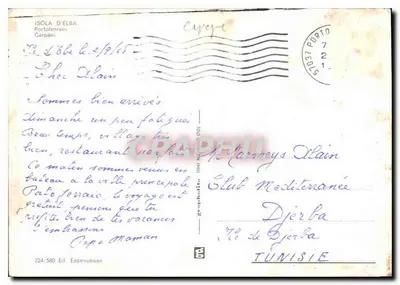 Porto Azzurro — Rio Marina — rua animada com carro Volkswagen e placa 'Coupons' — Editor Essevuesse, n°224/580 — Verso