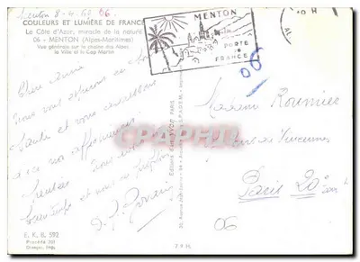 Menton — Ogólny widok na łańcuch Alp i Kap Martin — Wydawnictwo Jean-Jaona — Rewers